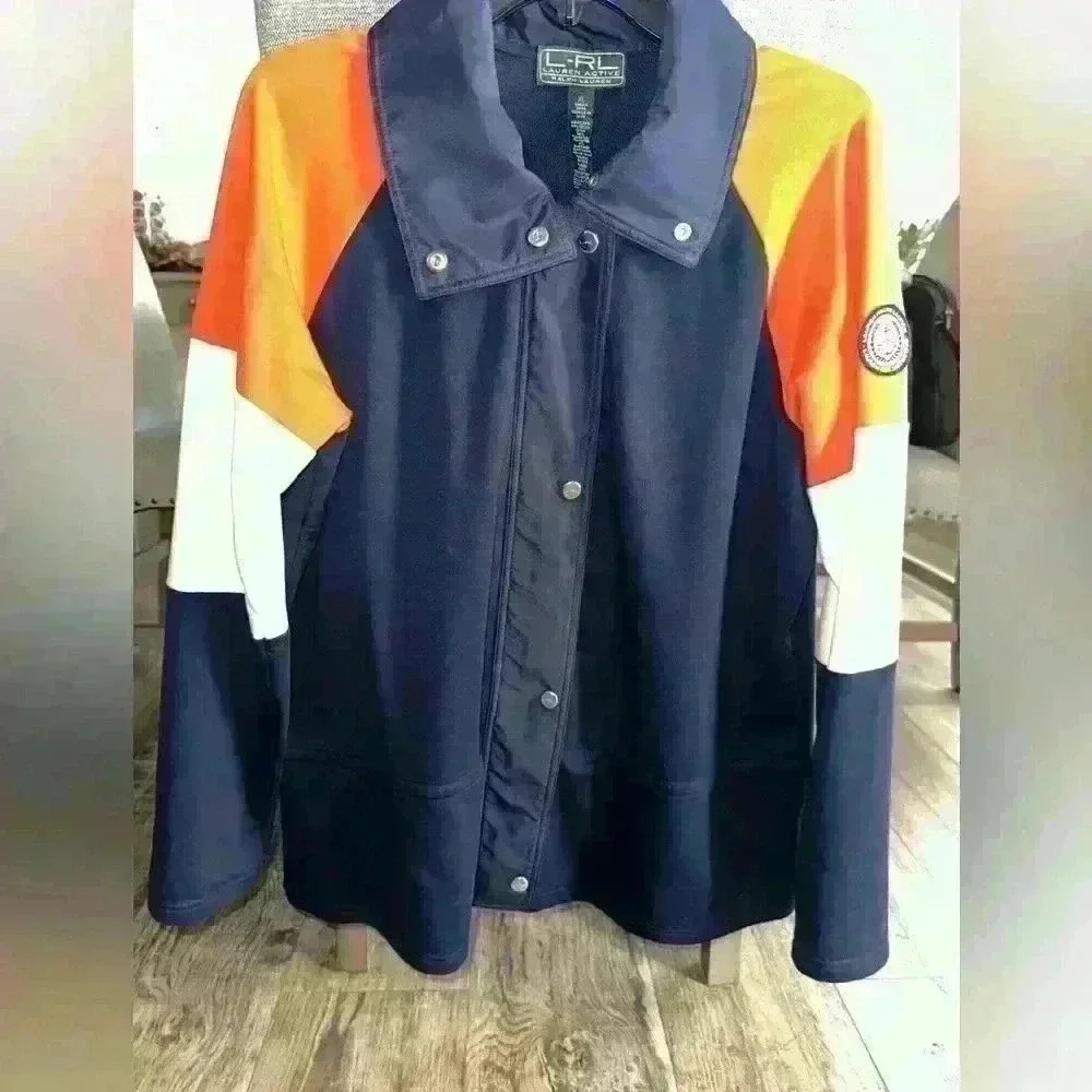 Lauren Ralph Lauren Orange Navy Womens XL Zip up Sweat Jacket W Sleeve Patch
